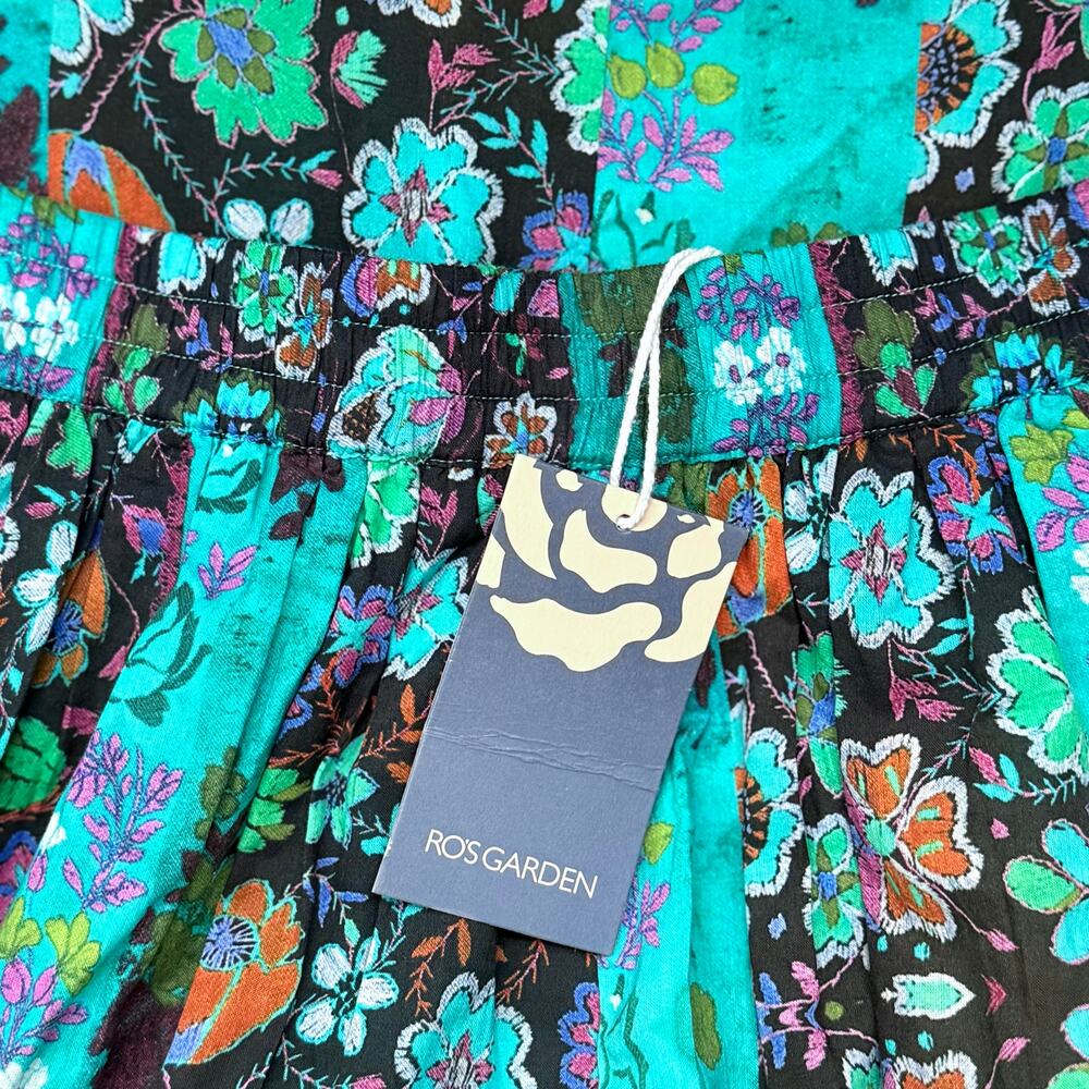 NWT Ro's Garden Jimena Midi Cotton Boho Floral Artsy Skirt Yeshi Aqua Teal XS - Picture 5 of 5